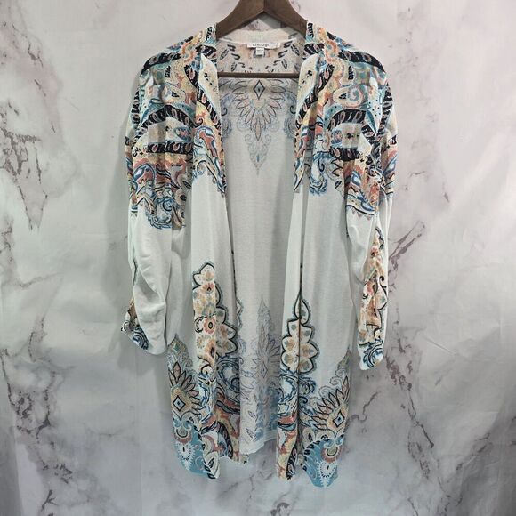 Chicos Cardigan Womens 3 XL White Blue Sweater Lightweight Ruched Sleeve Artsy - Picture 1 of 12